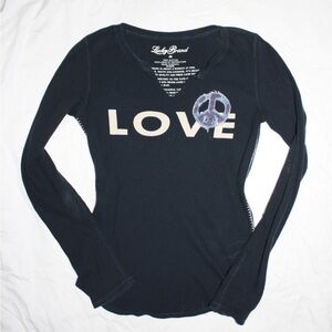 Vintage Lucky Brand Black Waffle Knit Love Embroidered Long Sleeve Top